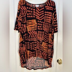LuLaRoe Women's Large Geometric Pattern Blouse Black/Orange Short Sleeve